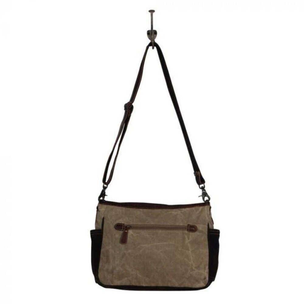 Myra Bag Handmade Bearish Messenger Bag Upcycled Canvas & Cowhide Leather - Picture 5 of 6